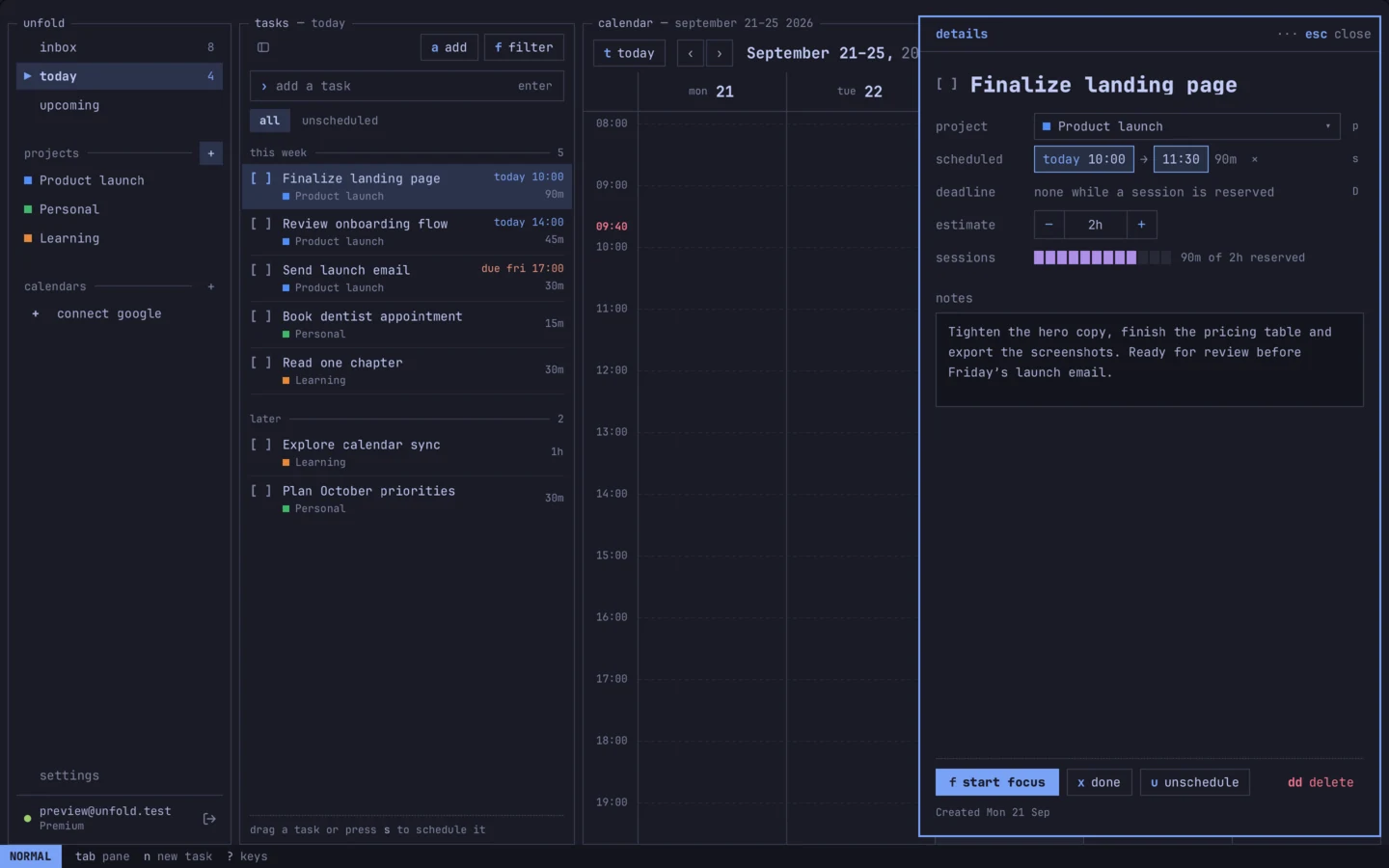 The Omarchy app in the Tokyo Night theme with a task’s details open, showing its project, schedule, estimate, a block progress bar for sessions, and notes.