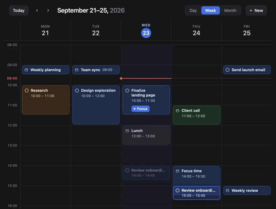 The Mac app’s week calendar with Research, Design exploration, Finalize landing page, Lunch and Client call blocks, while Review onboarding flow is dragged from Wednesday 14:00 to Thursday 15:00.