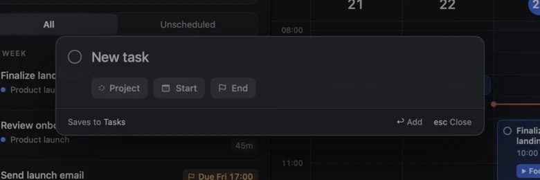 Unfold for Mac’s Quick Entry: a New task field with Project, Start and End chips, over the dimmed task list.
